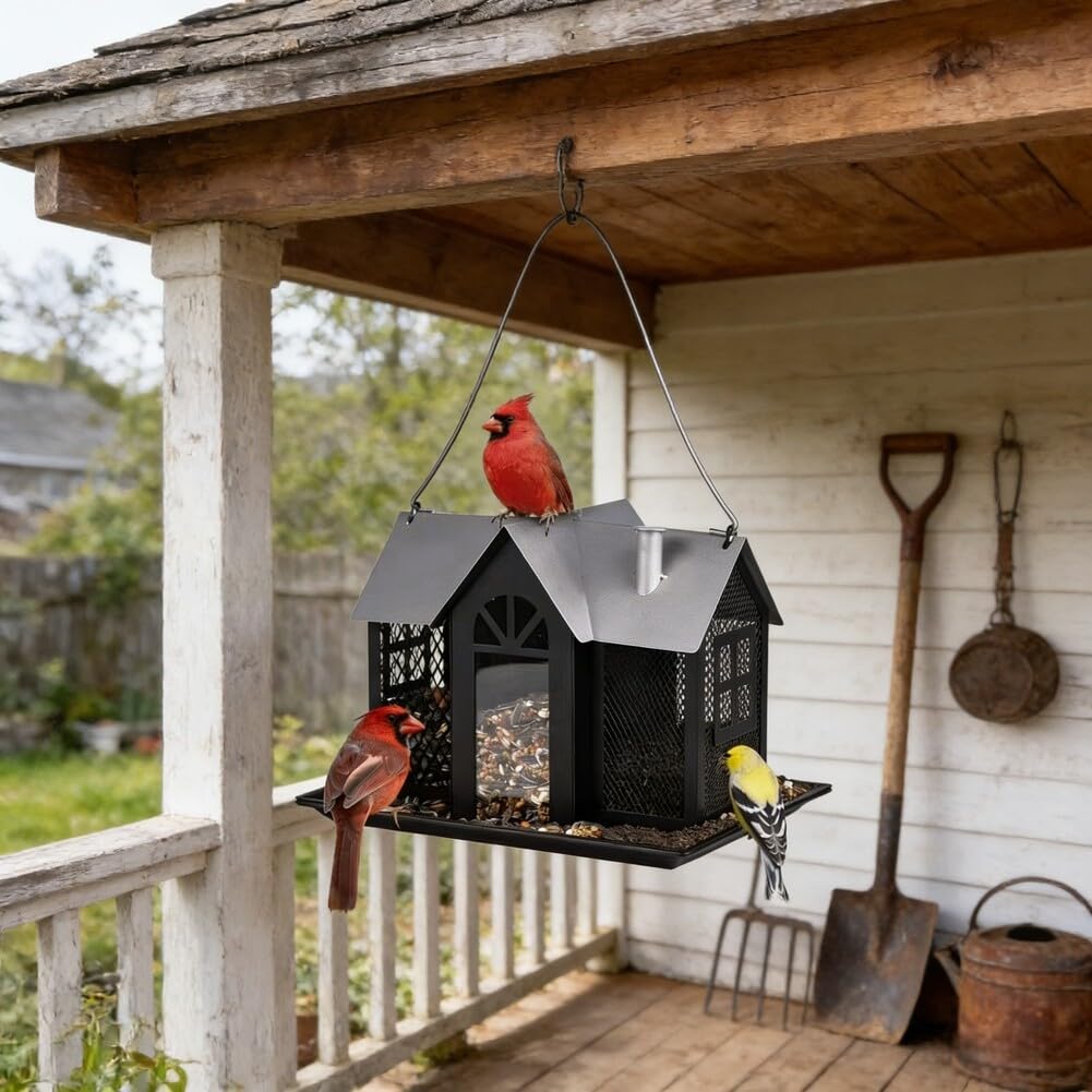 ZYNCUE Comedero solar de metal para pájaros, para jardín, a prueba de ardillas, estación de alimentación colgante para pájaros con luz LED impermeable, decoración de patio al aire libre, amantes de la