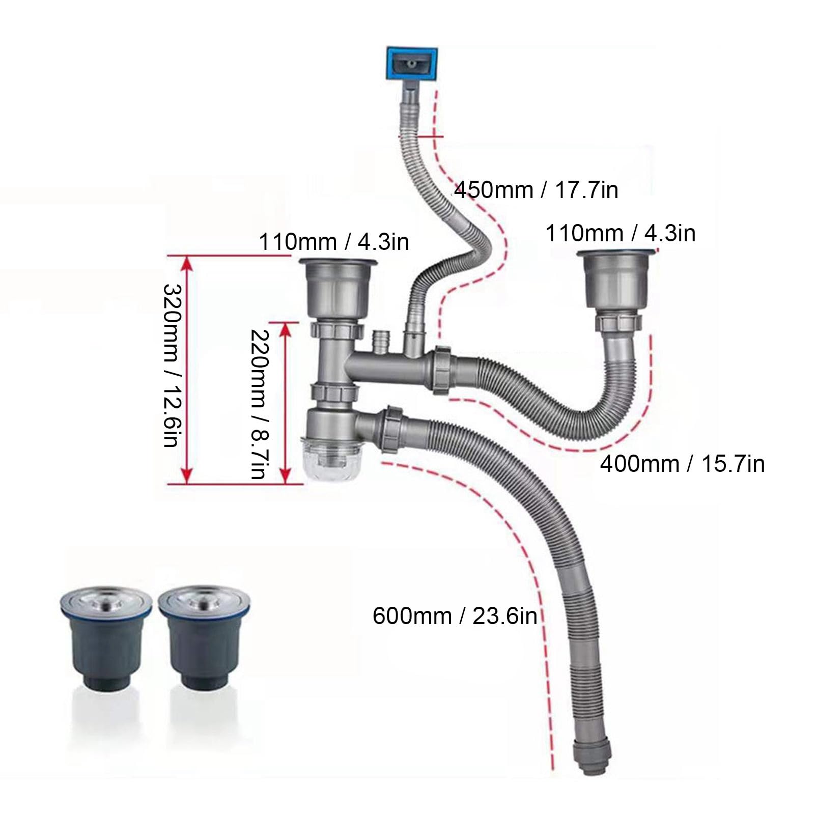 Kit de Drenaje de Cocina para Fregaderos de Doble Seno, Tubo de Desbordamiento de Drenaje de Fregadero Flexible de Metal de 110 Mm con Conector de Junta para Barra de Baño de