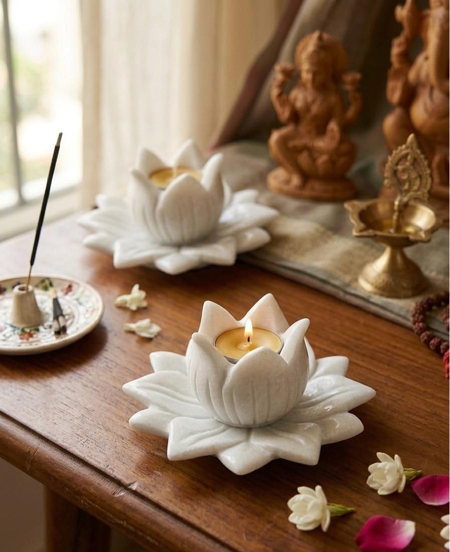 White Marble Urli Bowl Set with Tealight Holder | Floating Candle & Flower Decoration Bowl for Diwali, Home Decor, Living Room & Table Centerpiece (Set of 2)-image-7