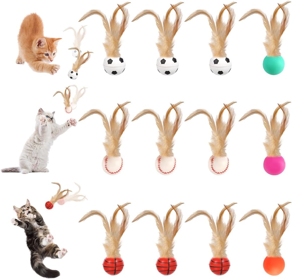 Zenvio 12 Pieces Bouncy Tails Cat Toy, 25 mm Cat Toy Ball with Feathers, Rubber Bouncing Cat Ball for Exercise, Durable and Safe Interactive Bouncy Tails for Training, Chasing, Hunting, and Exercise