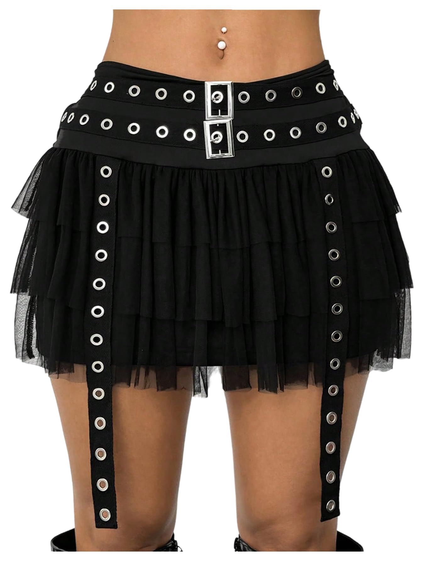 WDIRARA Womens Gothic Punk Mesh Buckle Belted Mini Skirt Grommet Eyelet Ruffle Tiered Skirts