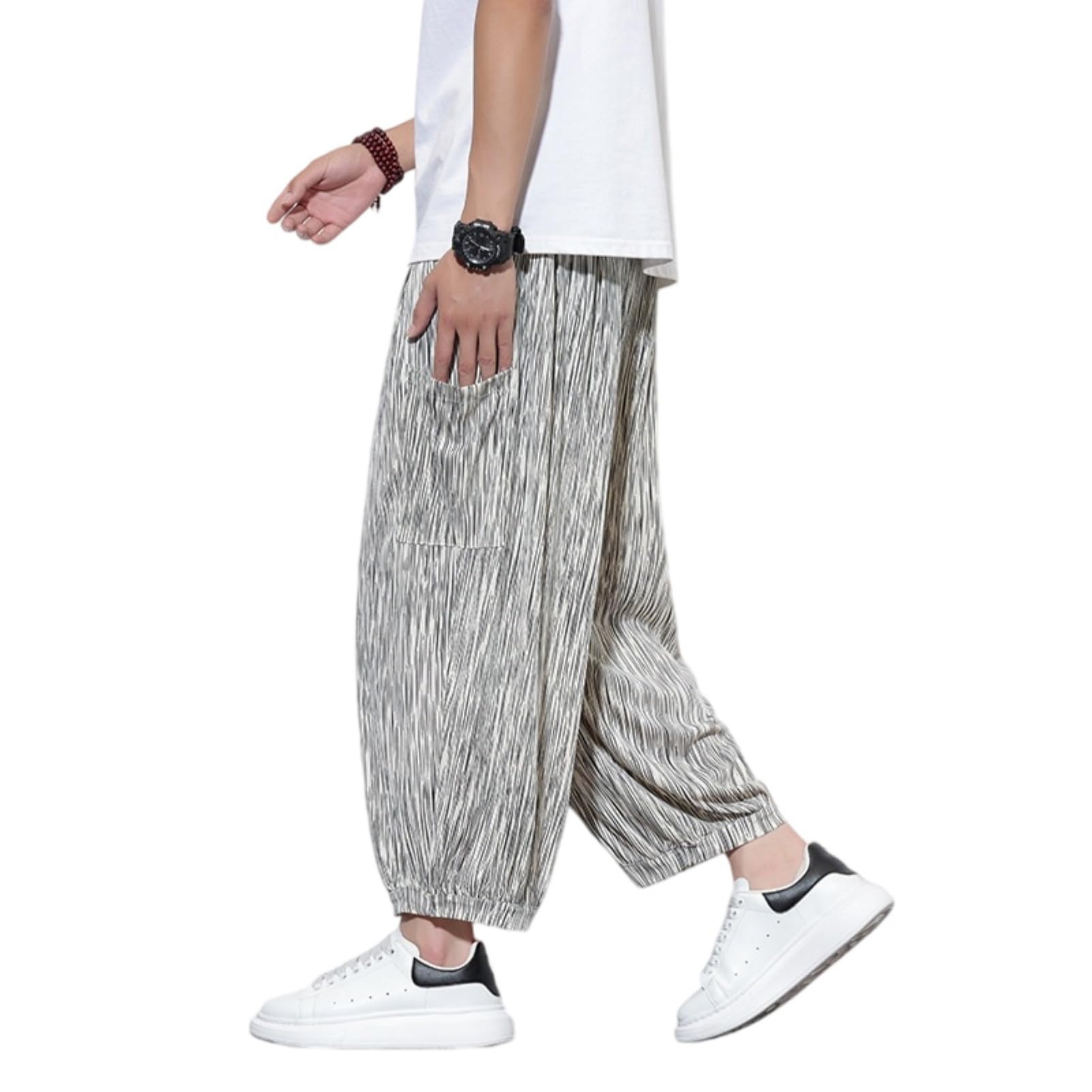Pantaloni Capri rilassati a righe da uomo, coulisse in vita