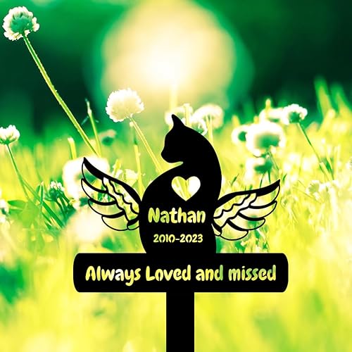 Miniatura 2 de GRJIRAC Placa conmemorativa de metal personalizada con estaca conmemorativa de gato, marcador de recuerdo de tumba de gato personalizado con alas y