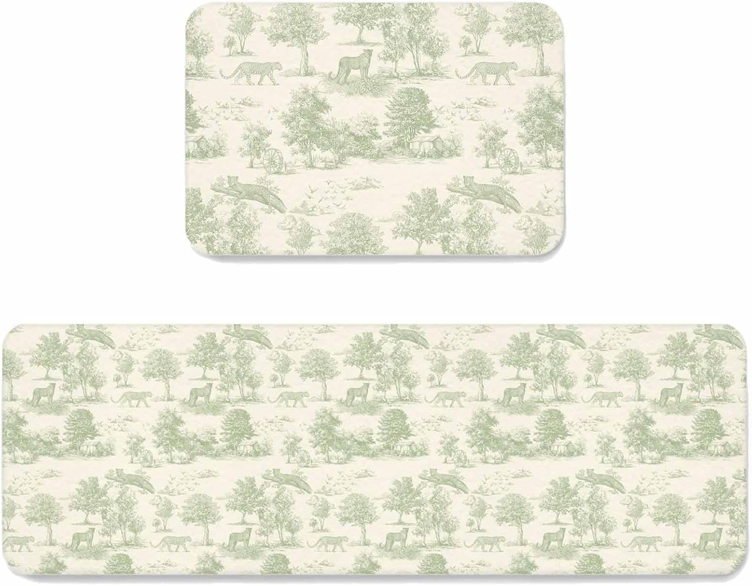 Prime Leader Forest Animal Kitchen Mat Set 2 Pieces Vintage Forest Leopard Animal Green Non Slip Kitchen Rugs Washable Runner Rug Mats for Sink Laundry (15.7" x 23.6"+15.7" x 47.2")