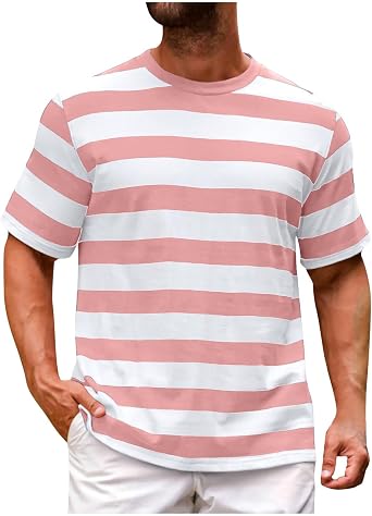 Mens Casual T-Shirts Striped Crewneck Athletic Lightweight Shirt Color Block Short Sleeve Vacation Tee Fashion Tops