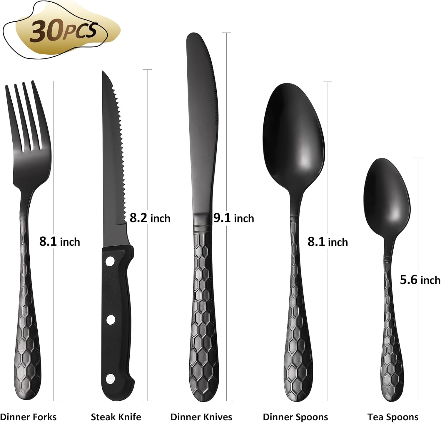 30 Pcs Black Hammered Silverware Set Service for 6,with Steak Knives Stainless Steel Flatware Set,Mirror Cutlery Utensil,Durable Kitchen Tableware,Ripple Teardrop Fork Knife Spoon,Dishwasher Safe