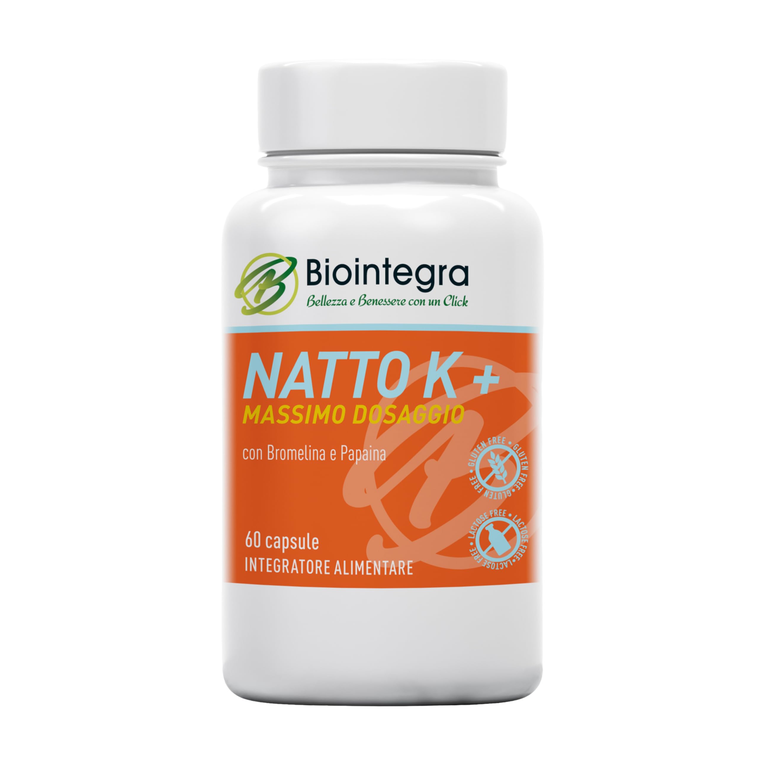 Biointegra Nattokinase ad alto dosaggio, formula unica con Bromelina e Papaina, 60 capsule vegan da 100 mg ciascuna (24.000 FU/g), no additivi, senza glutine, no OGM