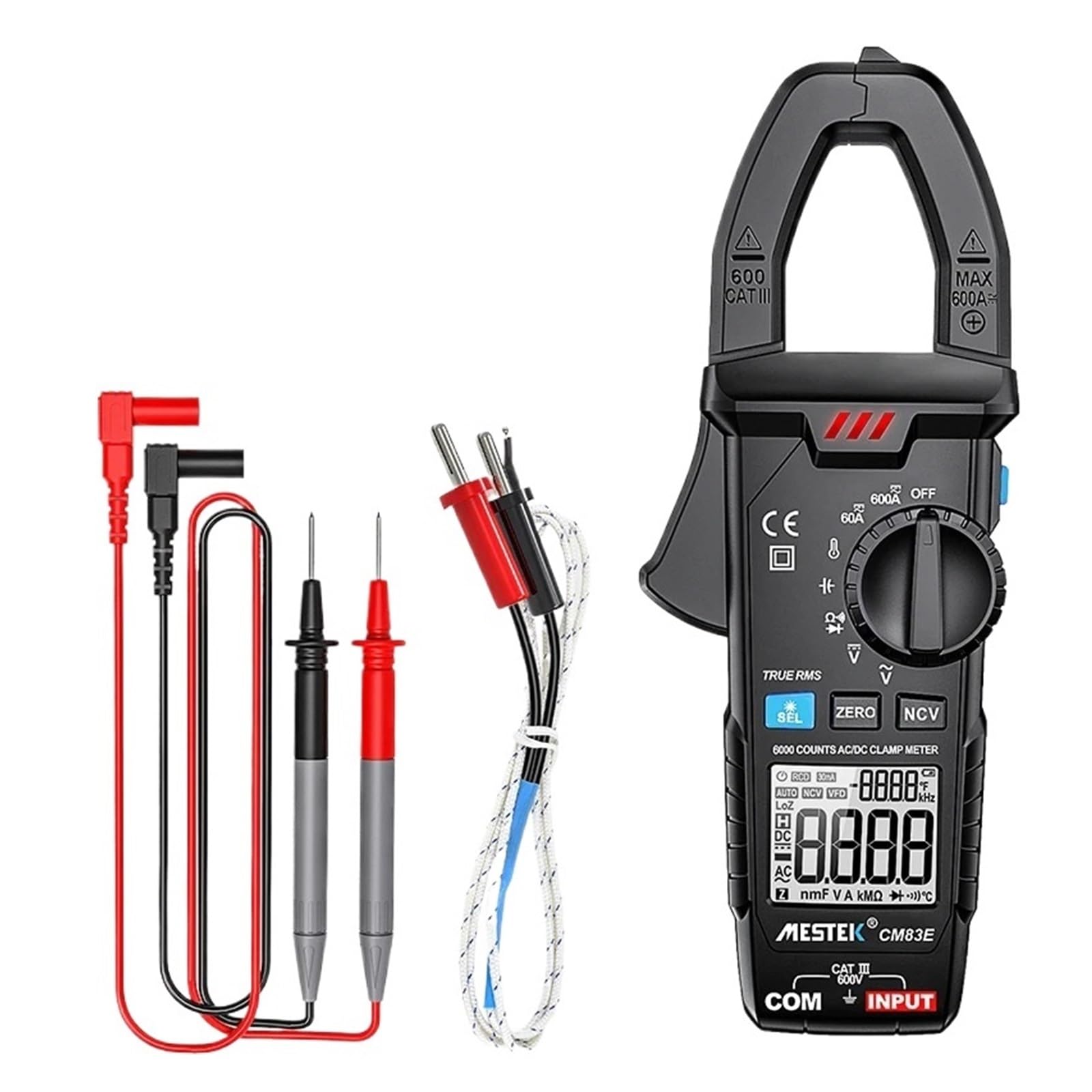 Pinza amperimétrica Digital de 0 a 600 A CC/CA con sonda de Temperatura y borrado de Datos a Cero.(CM83A)