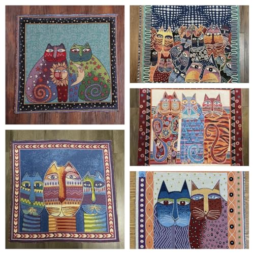 RISEON 5 PCS Vintage Cartoon Kitty Cat Kitten Woven Upholstery Fabric Tapestry Pillow Top Chair Cushion Fabric Craft Cotton Panels,Fabric Bundles Quilting Sewing Patchwork DIY (19.7x19.7 inch)