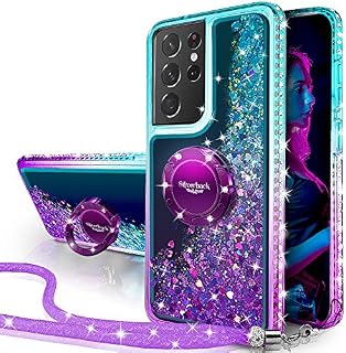 Miss Arts for Samsung S21 Ultra Case, [Silverback] Moving Liquid Holographic Glitter Case With Kickstand, Girls Women Bling Diamond Ring Slim Protective Cover for Samsung Galaxy S21 Ultra 5G -Purple