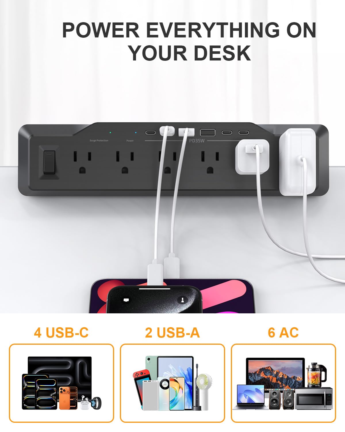 Zacisk komputerowy, ochrona przeciwprzepięciowa, 6 gniazd, płaska wtyczka, 1800J, 4 porty USB-C (dowolny port 35W), do domu i biura, ognioodporna obudowa PC-ABS, se