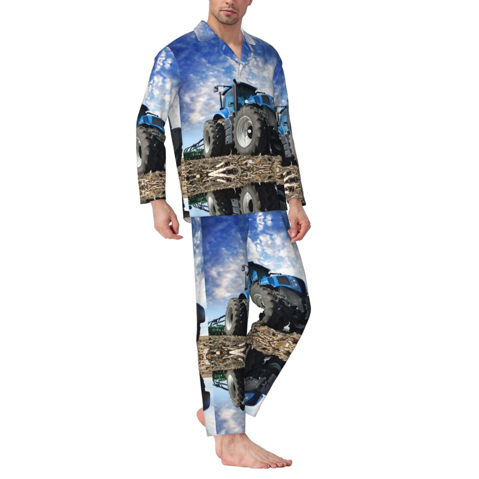 Langärmeliges Pyjama-Set für Herren, Motiv: Bauernhof-Traktor, bequemer und modischer Schlafanzug