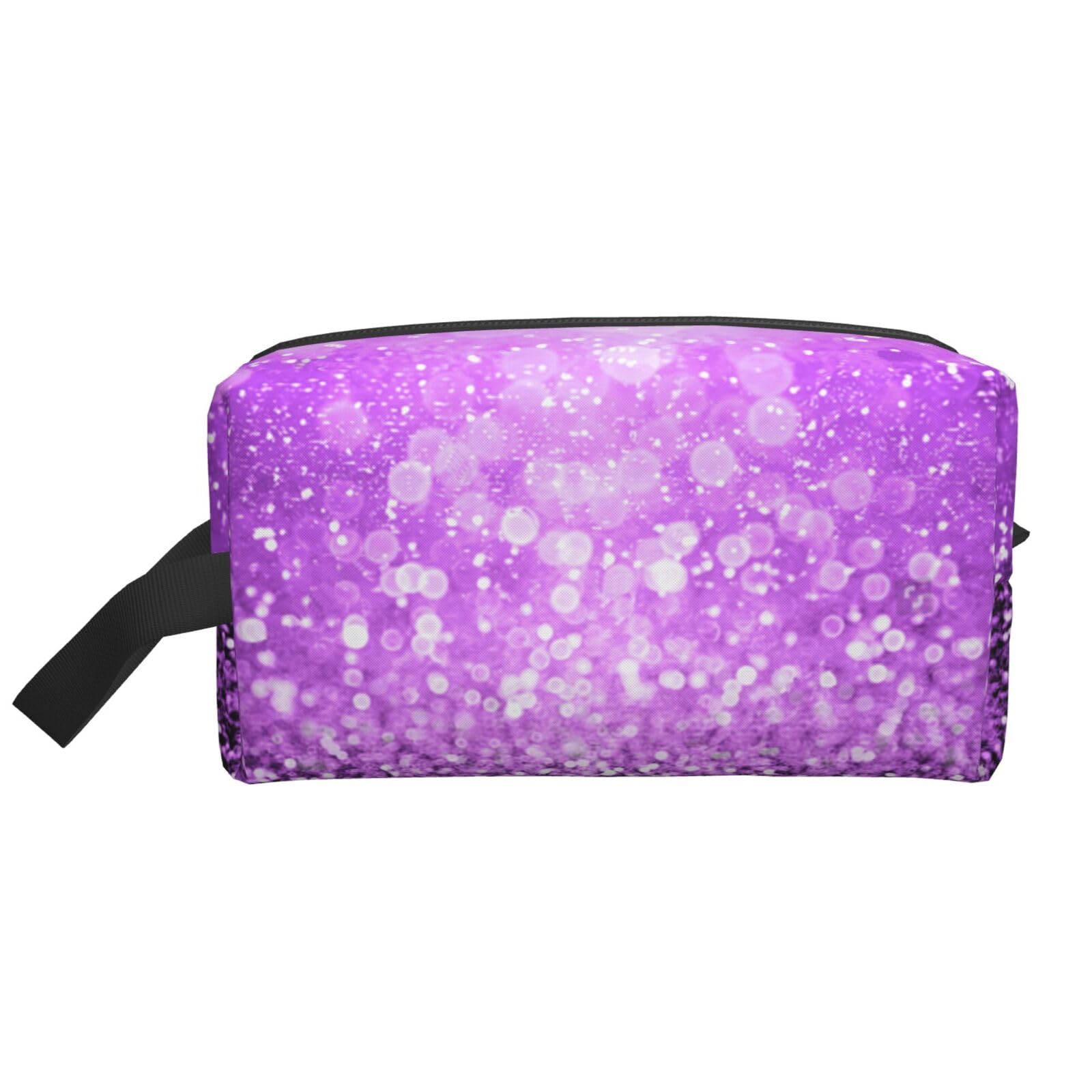 Ercgad Unisex White Sparkling Purple Glitter Print Large Capacity Travel Toiletry Bag Cosmetic Pouch Daily Storage Makeup Case