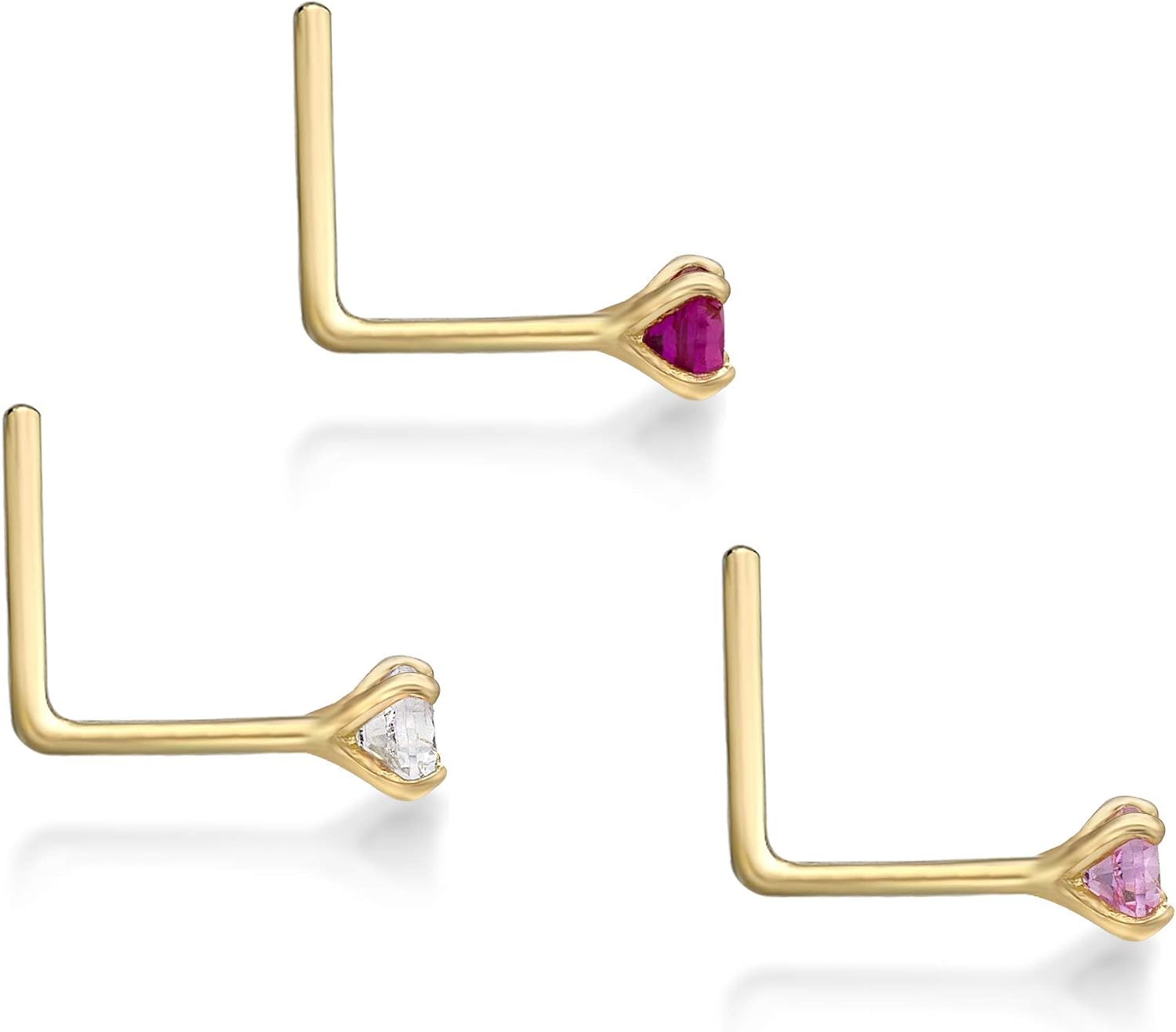 Lavari Jewelers 22 Gauge L-Shape Nose Stud Set for Women - 14k White or Yellow Gold 2mm White, Pink, and Red Cubic Zirconia Nose Ring Set - Unisex Hypoallergenic Piercing - 22G Body Piercing
