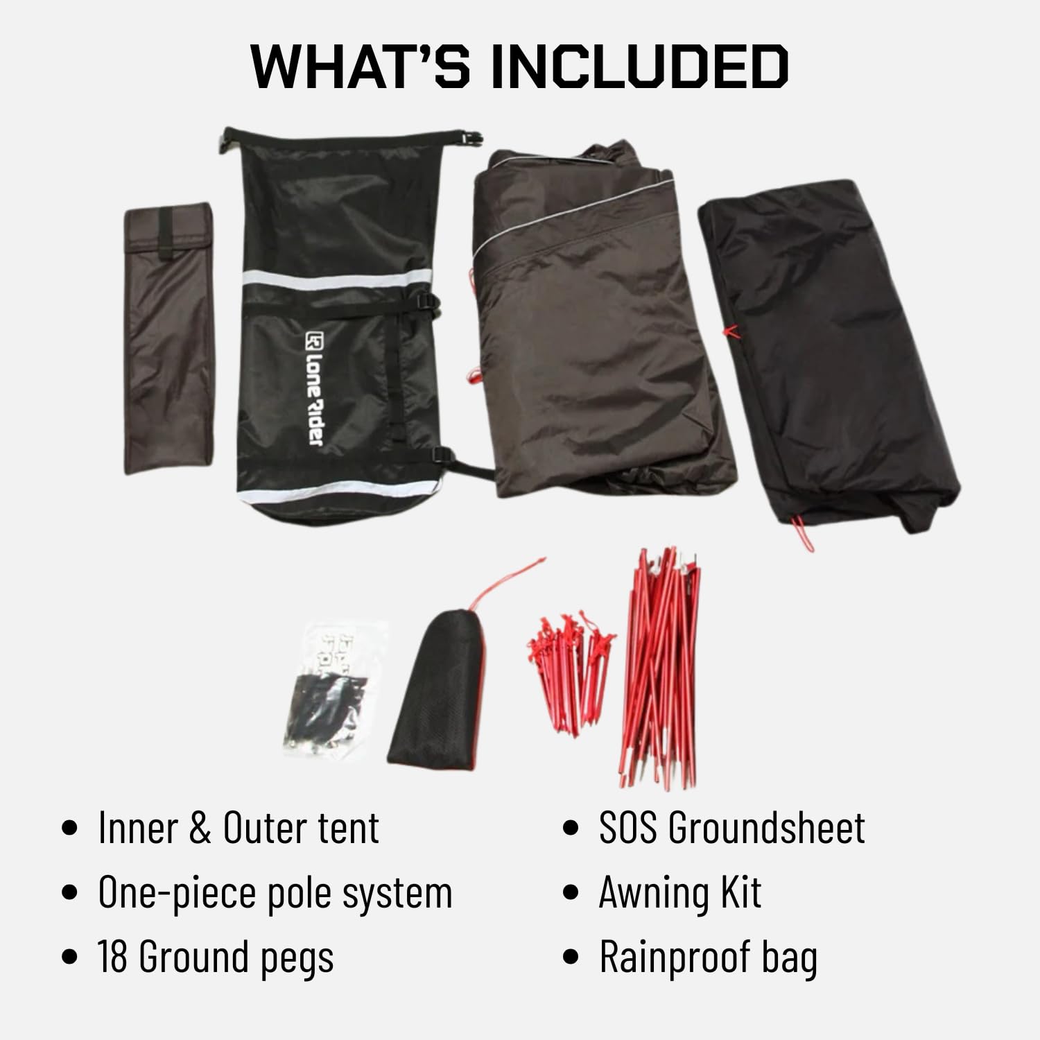 Lone Rider Tenda a Cupola per 2 Persone - Riparo Leggero e Impermeabile per Campeggio, Trekking e Hiking - Struttura Monopezzo con Ventilazione in Rete - Include Sacca, Picchetti e Kit Veranda