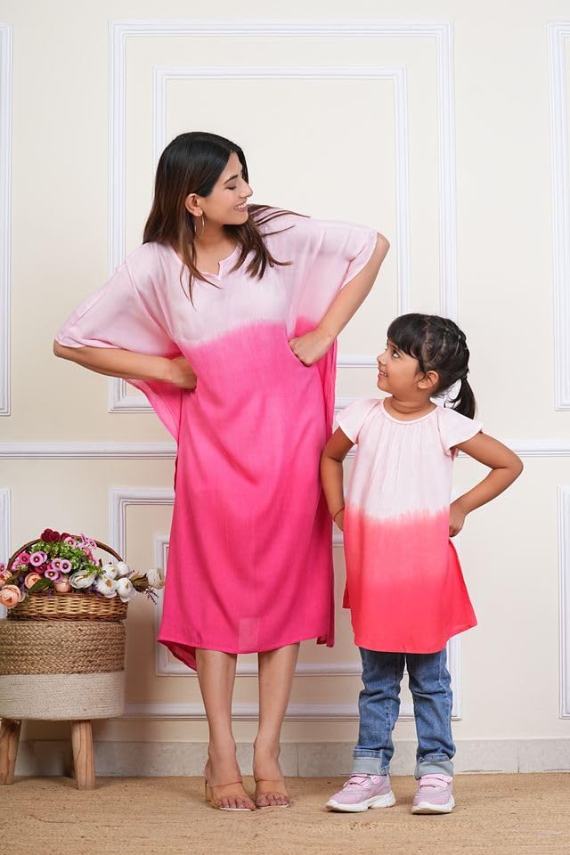Image of Maaesa Women & Girls Mother Daughter Matching Kaftan Combo || Crepe Rayon Tie-Dyed Kaftan || Casual Wear || Family Twinning Outfit