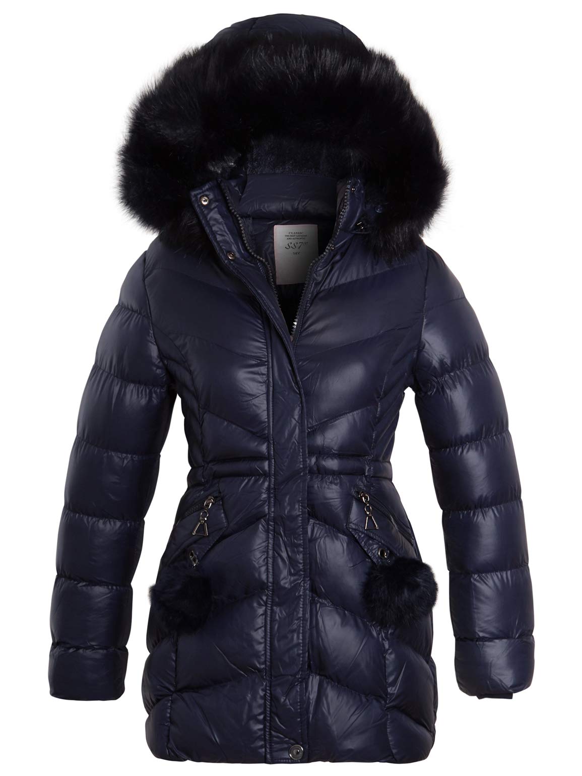 SS7 Girls Padded Coat Showerproof Parka, Faux Fur, Age 3 to 16, Black (Age 13/14, Navy 2)