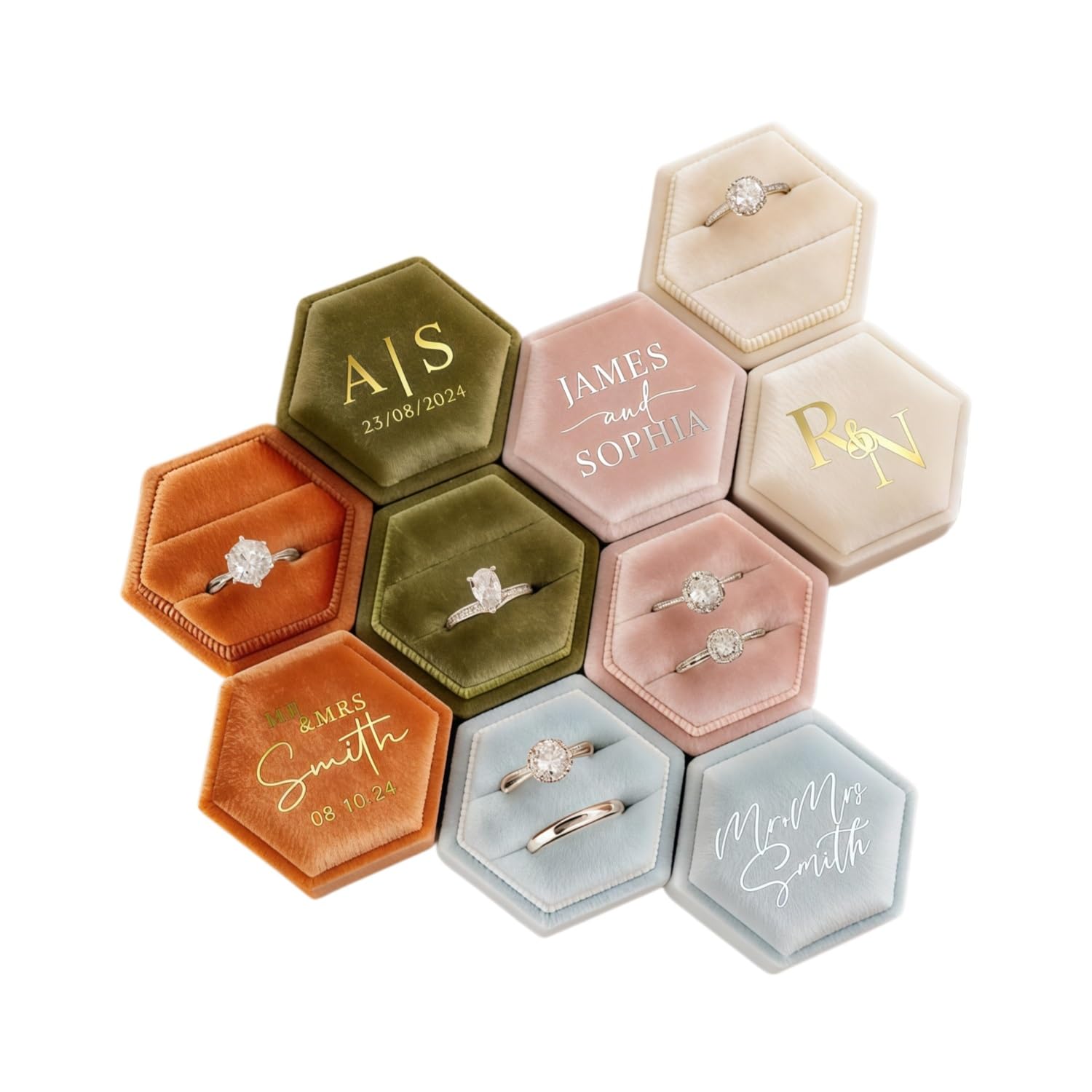 Personalised Hexagon Velvet Ring Box with Custom Name Date, Mini Jewelry Storage Holder, Single/Double Slot Ring Carrier for Proposal Ceremony
