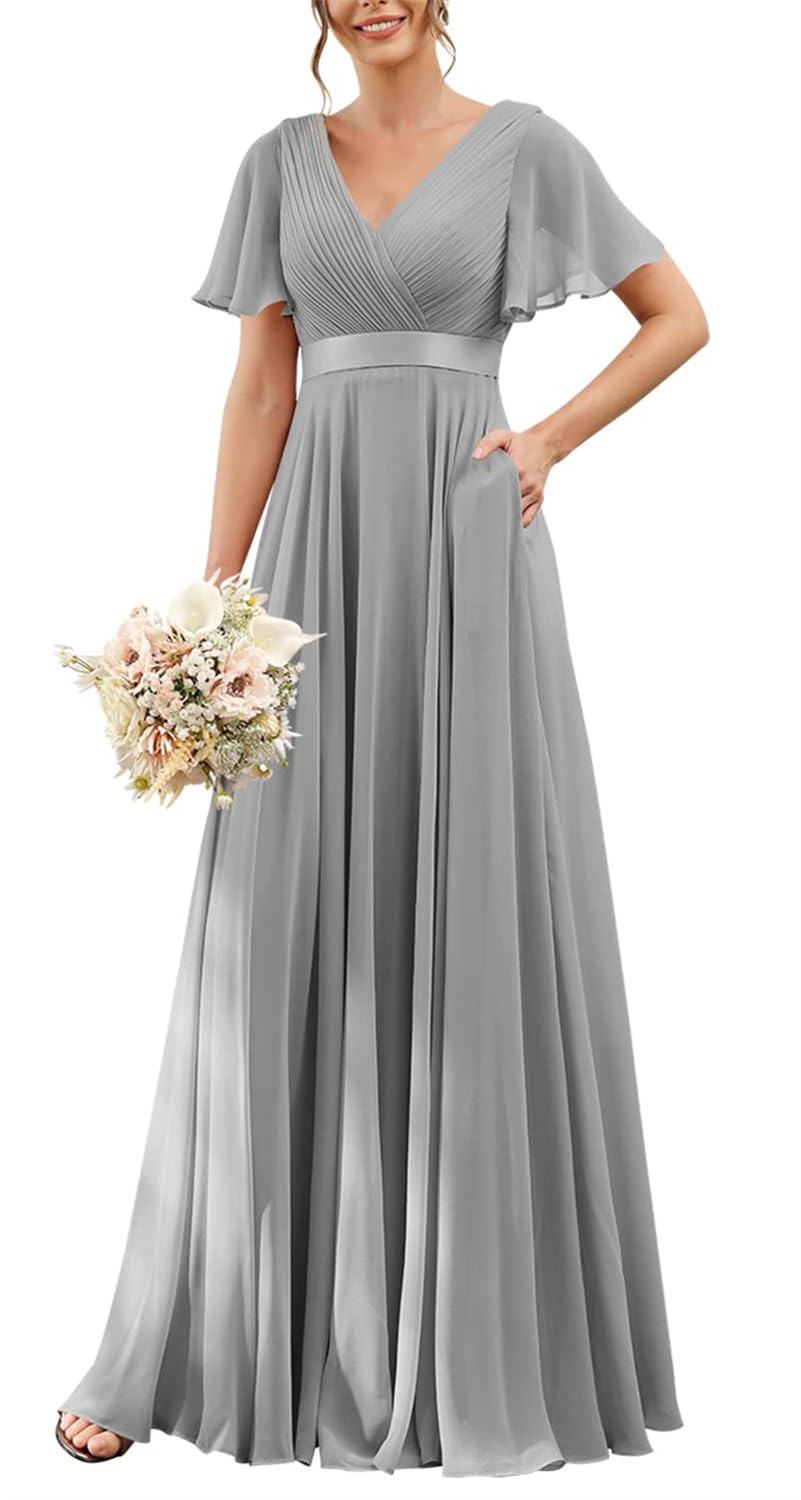 Hppee Women's Silver Flutter Sleeve Bridesmaid Dresses For With Pockets Simple Chiffon Wedding Guest Dress Uk14