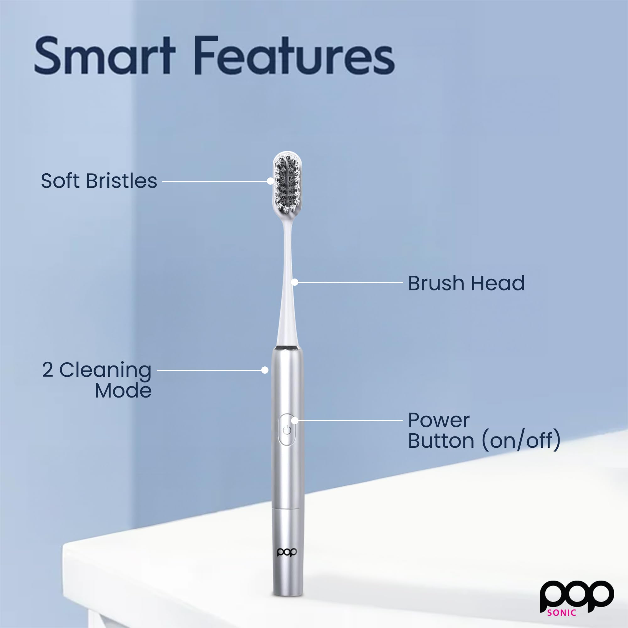 Go Plus Sonic Spazzolino da denti Pop Sonic con custodia per il trasporto – Lo spazzolino sonico perfetto | Ogni volta – Argento
