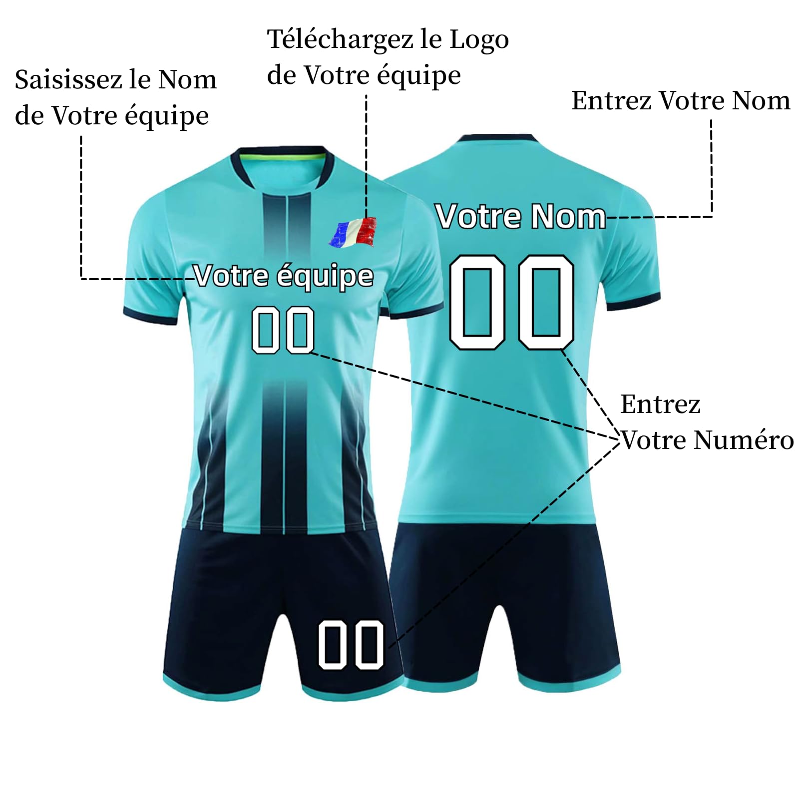 Maillot de Foot Personnalisé Enfant Homme Maillot de Football Personnalisable Nom et Prénom Numéro L'équipe Le Logo Ensemble de Foot Maillot Equipe de France 2024