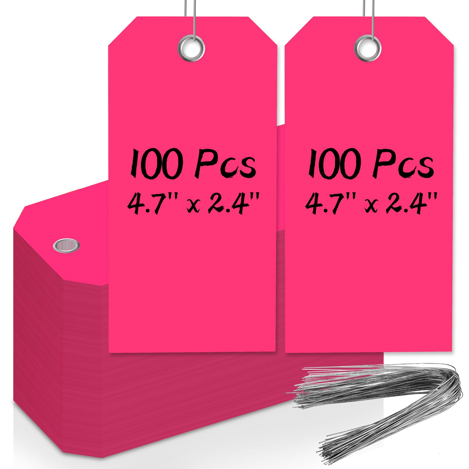 100 PCS Neon Color Shipping Tags - 4 3/4" x 2 3/8" Heavy Duty Hang Tags with Reinforcement Holes - Writable Luggage Tag with String - Neon Pink
