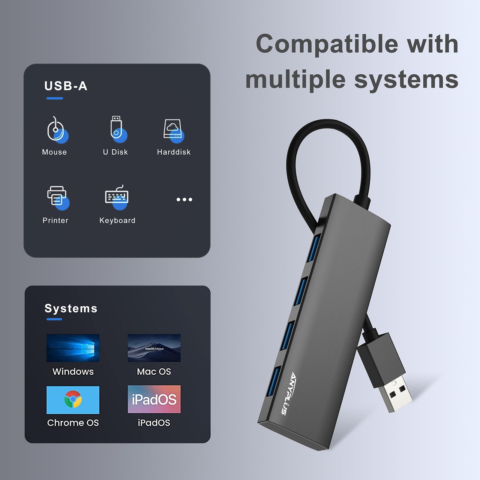 ANYPLUS Hub USB 3.0, 4 Porte Sdoppiatore Multi USB 3.0 Adattatore, Ultrasottile Alluminio Lega USB Hub per PC, Laptop, PS5, MacBook, iMac, Surface Pro, Mac Pro, Flash Drive, XPS【Nero】
