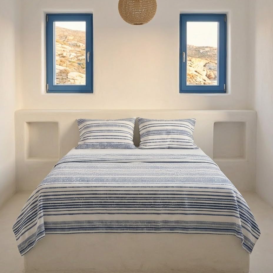 Juego sabanas 100% algodón, Rayas Cama 135/140, con Fundas de Almohada, Azul.