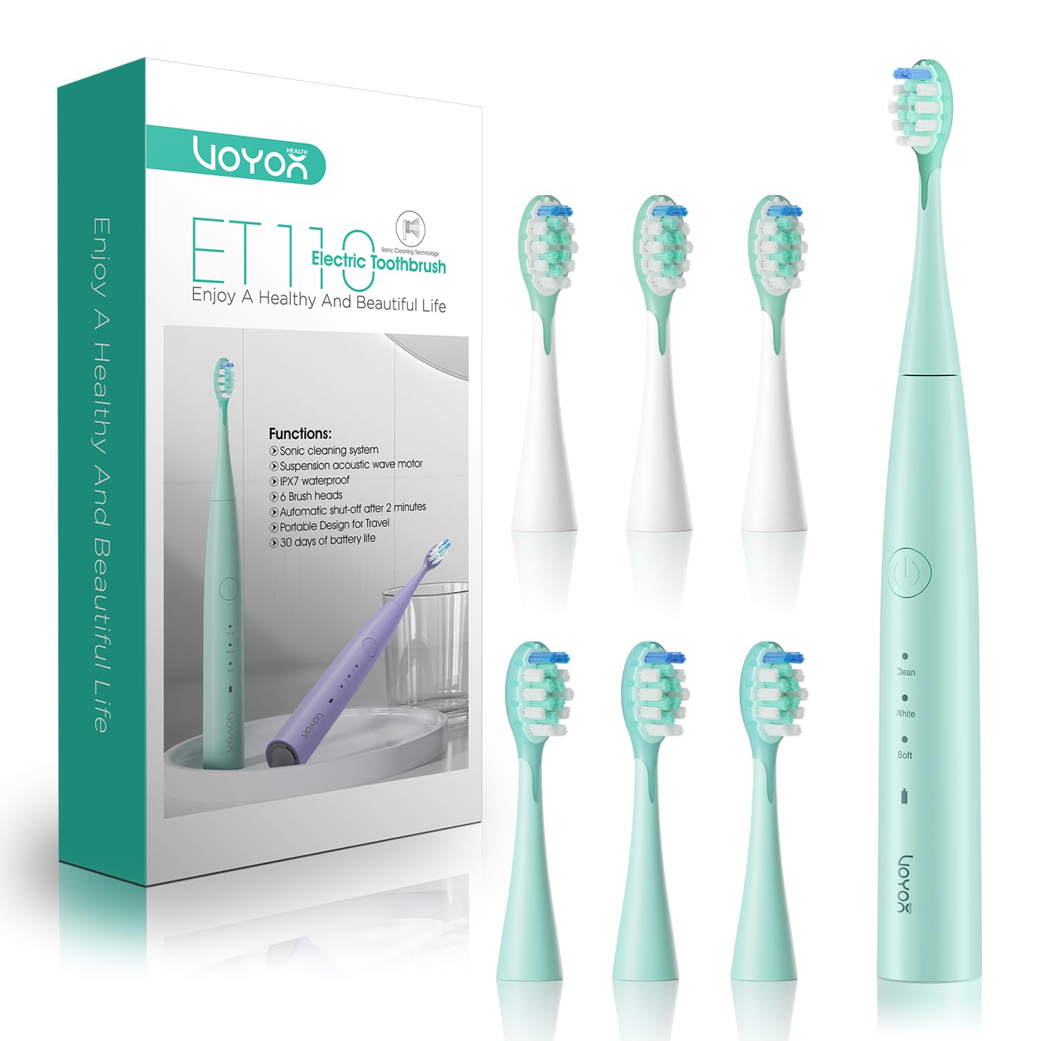 VOYOR-HEALTH Electric Toothbrush, Rechargeable Sonic Toothbrush with 6 Brush Heads, Power Electric Toothbrushes Adults with Smart Timer IPX7 Waterproof for Teeth Cleaning ET110 (Green)-image-21