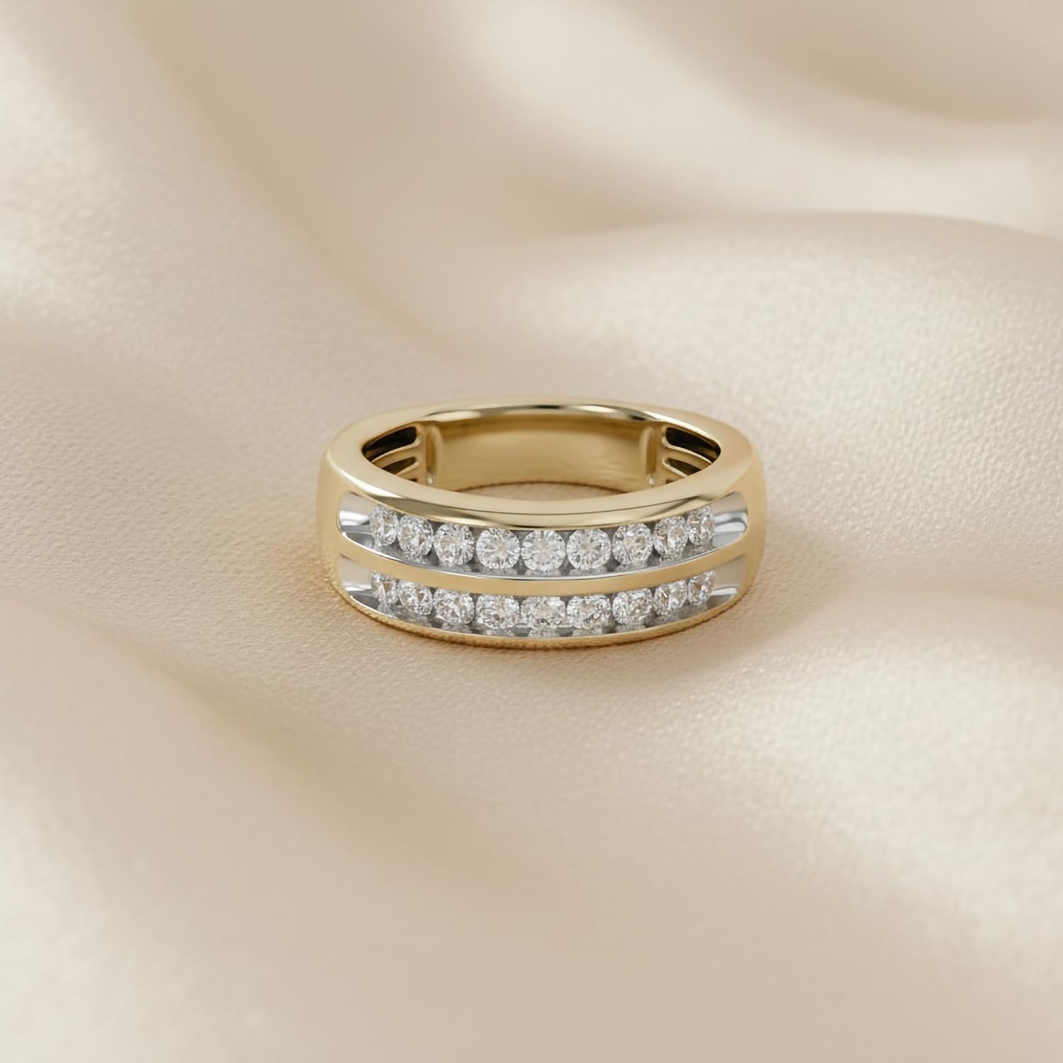 3/4 ct.t.w Round Cut Lab Created Moissanite Diamond 2-Row Anniversary Wedding Band Ring In 14K Yellow Gold Over Sterling Silver Jewelry For Men(VVS1 Clarity, 0.75Cttw) 11.5