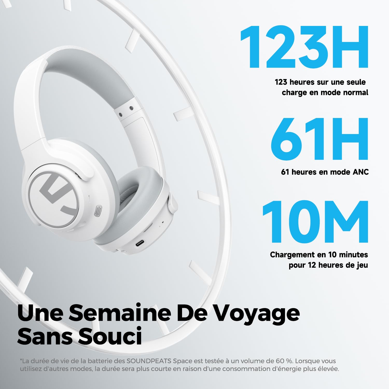 SoundPEATS Space Casque Pliable sans Fil Bluetooth 5.3 Casque à Annulation Active du Bruit avec réduction du Bruit des appels Hybrid ENC Haut-Parleur Dynamique de 40 mm Mode Jeu multipoint