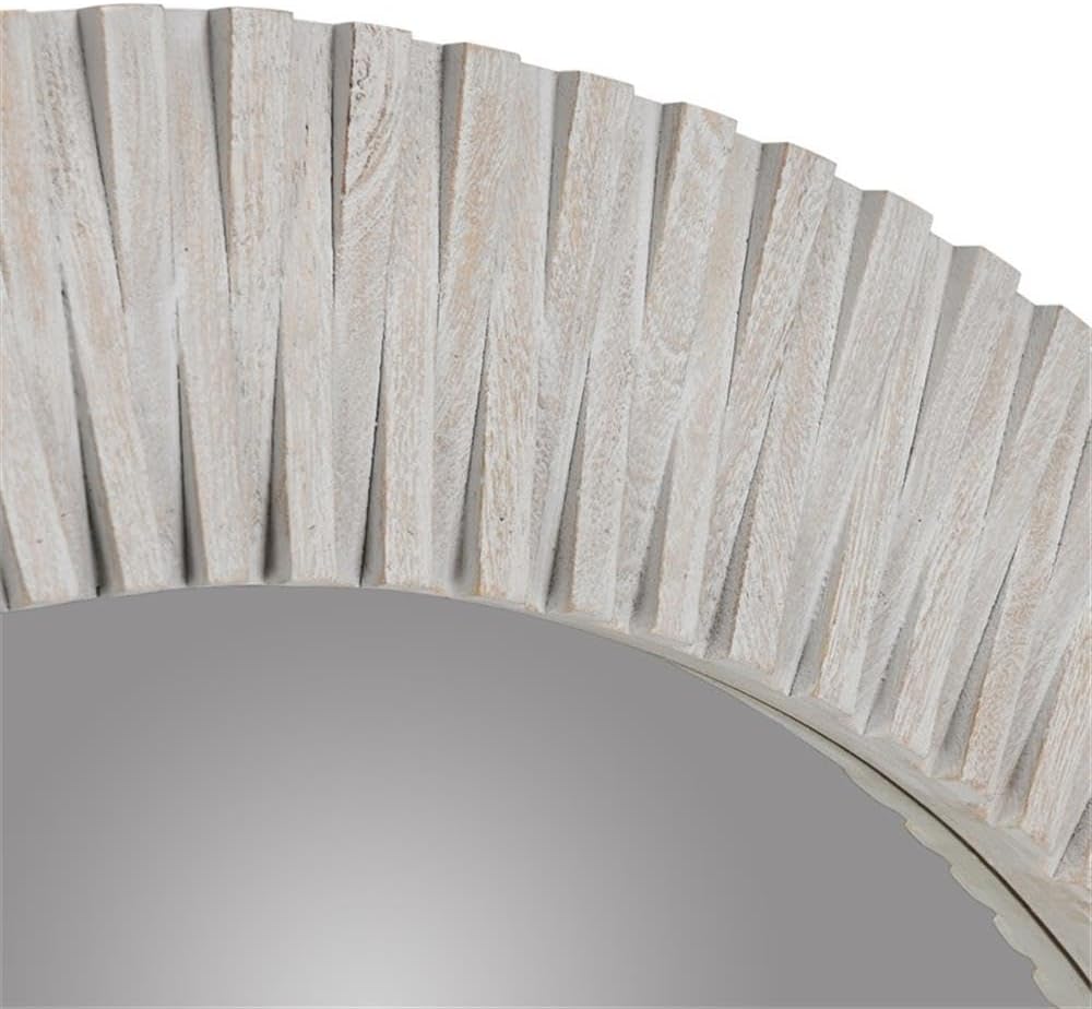 Pemberly Row Round Mango Wood Accent Mirror, 50x50 in, Geometric Rim Design, Gray Matte Finish, Handcrafted Entryway or Living Room Decor, Includes French Cleats and Rubber Wall Pads