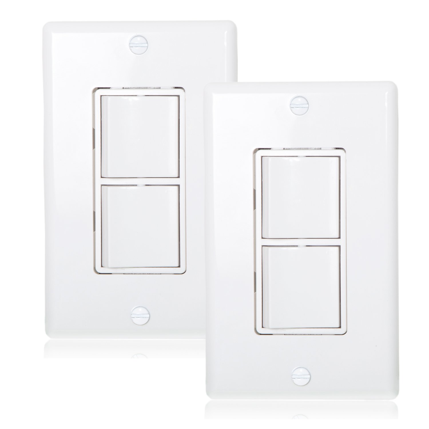 Maxxima AC Double On/Off Paddle Rocker Light Switch, 15A, White, 2 Pack | Decorative Wall Plates Included, Ideal for Bedrooms, Kitchens, Fans, Household Use