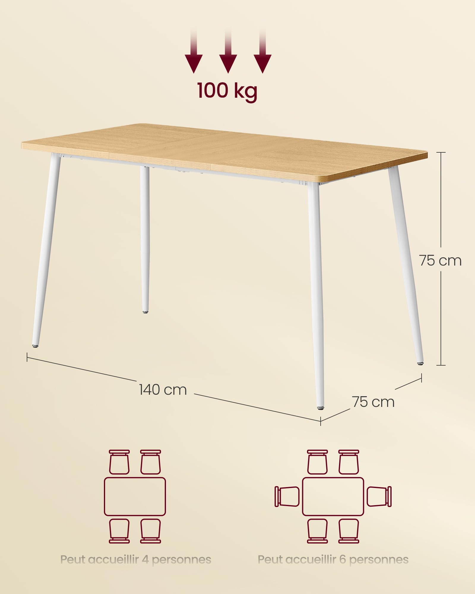 VASAGLE Table à Manger 75 x 140 x 75 cm Doré Chêne Blanc Nuage pour 4 à 6 Personnes