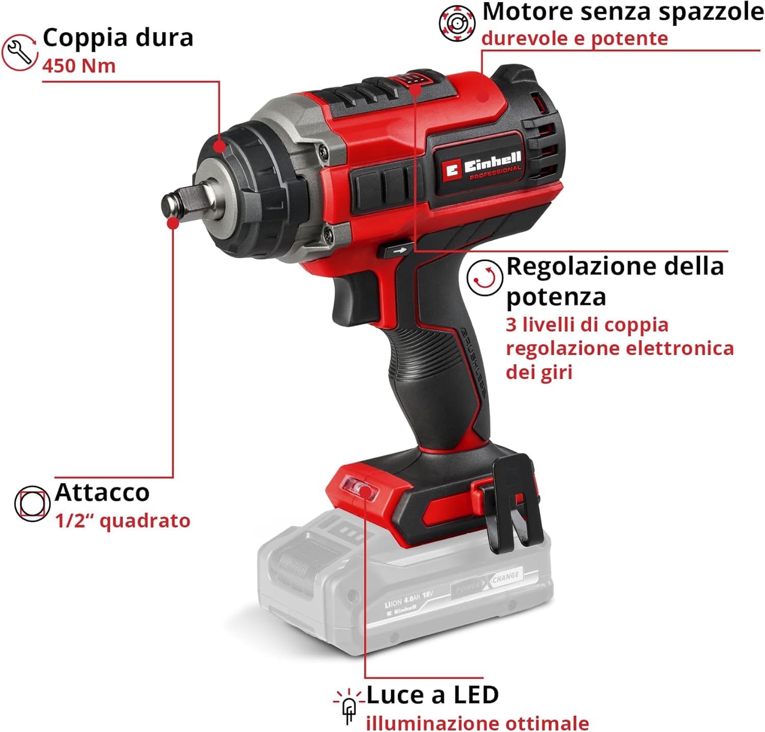 Einhell Professional Avvitatore a percussione a batteria IMPAXXO 18/450 Power X-Change (18 V, 450 nm, 3 livelli di potenza, Brushless, attacco 1/2", incl. set di bussole, senza batteria)