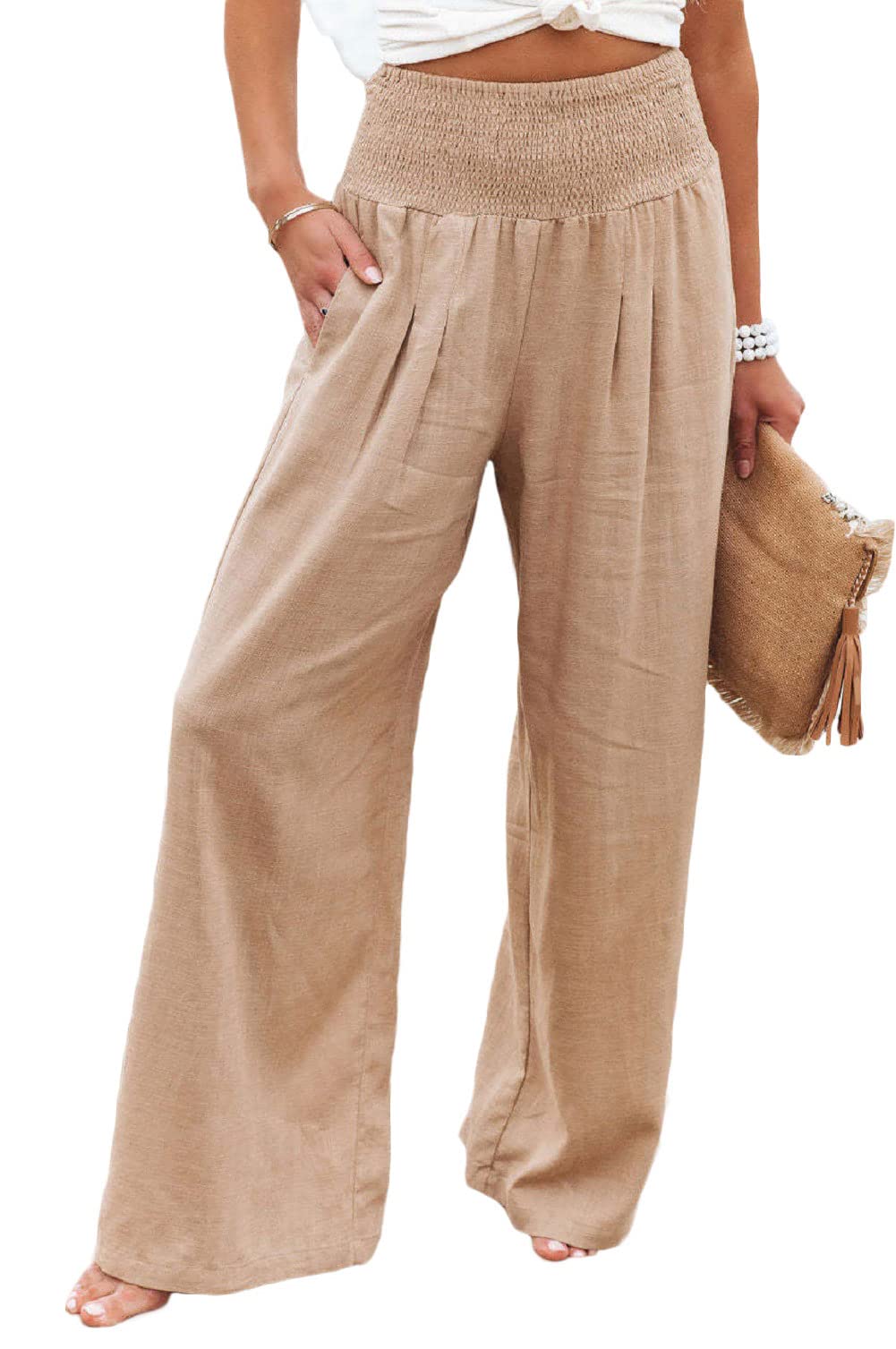 CHARTOU Womens Lightweight Smocked High Waist Straight Leg Cotton Linen Palazzo Beach Pants