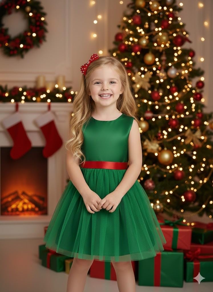 A.T.U.N. (ALL THINGS UBER NICE) Elegante vestido de fiesta de Navidad para niña, sin mangas, con cintura de satén, falda de tul, vestido de fiesta