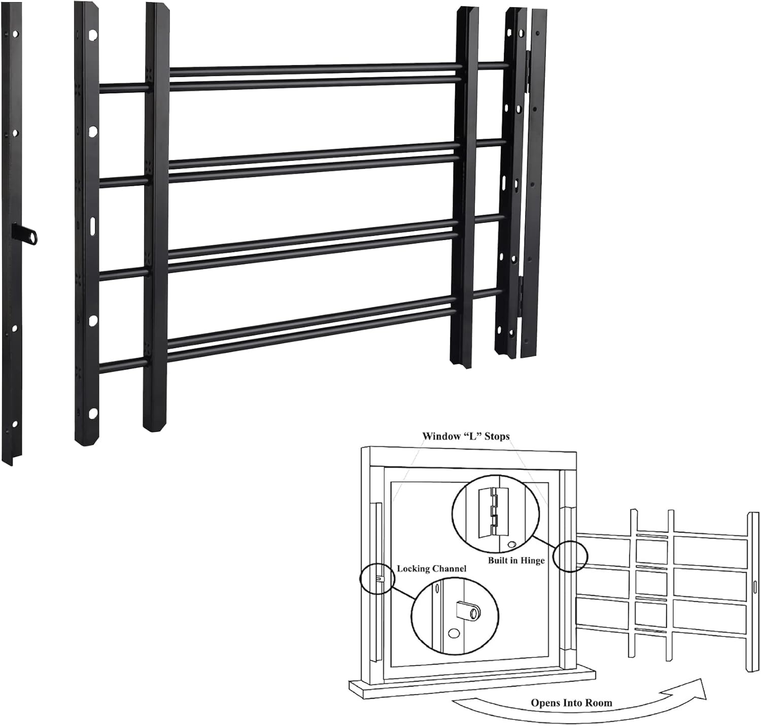 Grisham PP SPAG Window Security Bars with Quick-Release Egress, (Black, 4Bar)18''H x 22''- 42'' Adjustable Width Window Safety Guards for Children, Tubular Steel, Rust Resistant