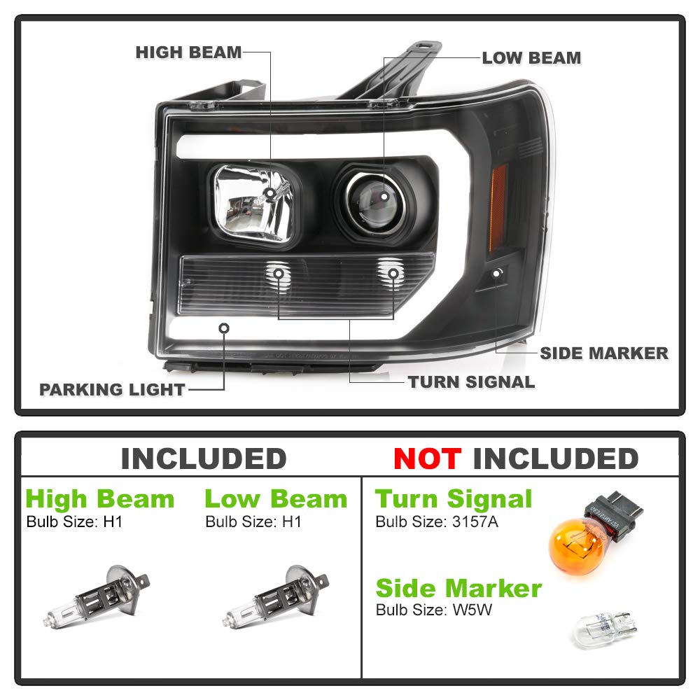ACANII - For [Black Edition] 2007-2013 GMC Sierra 1500 2500HD 3500HD Black Housing LED Light Tube Projector Headlights
