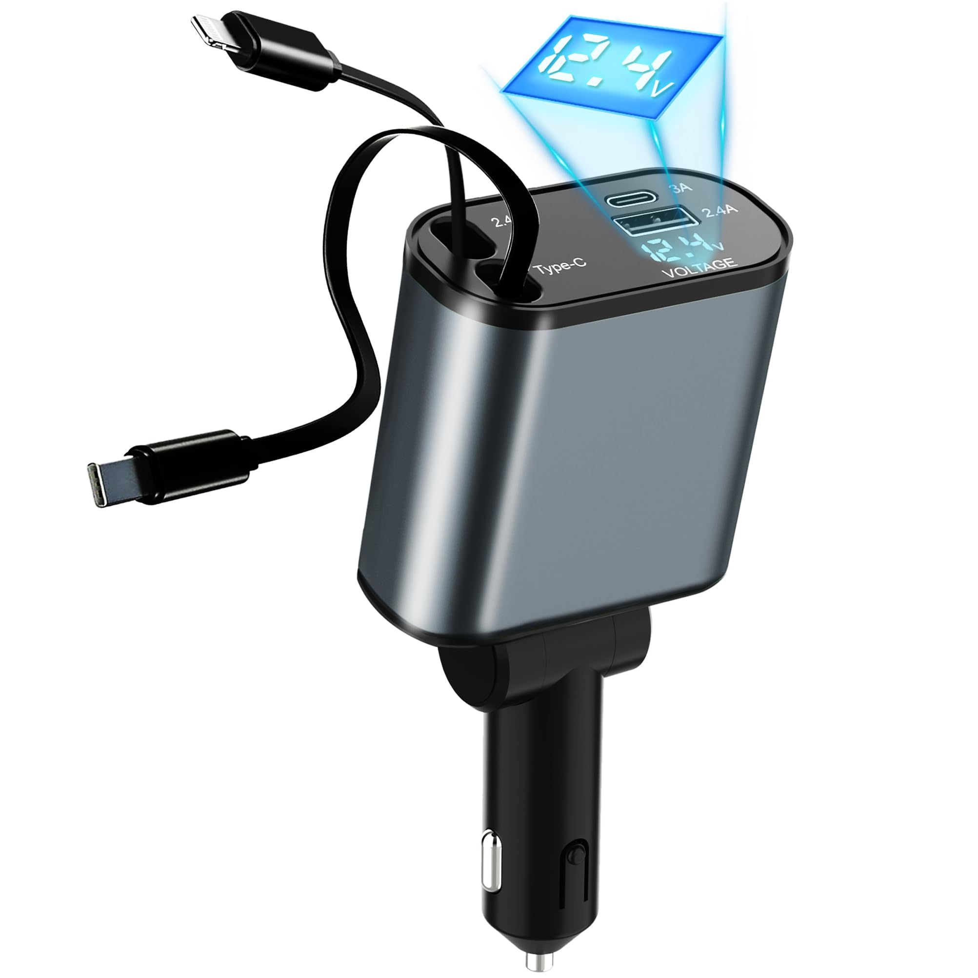 Retractable Car Charger, 60W Fast Charge Car Phone Charger with 1x Retractable Cable, 1x Retractable Type-C Cable, 2X USB Ports, and 12-24V Voltage Monitoring Compatible with iPhone Galaxy Pixels