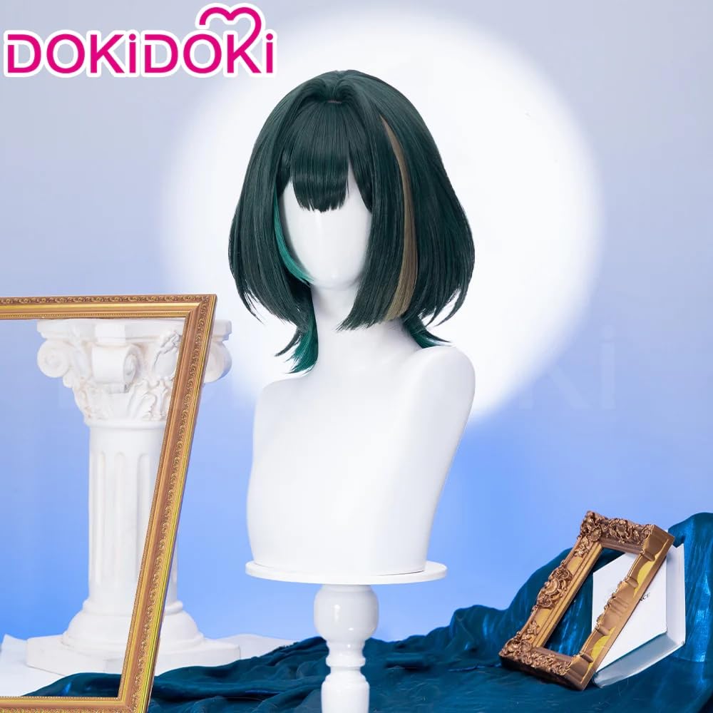 KIRA KIRA Genshin Nafer Cosplay Wig Game Genshin Nafer Wig 35cm Short Straight Green Highlight Hair for Cosplay Song of the Welkin Moon (Green)