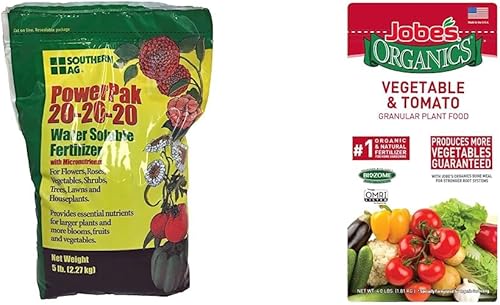 Southern Ag PowerPak 20-20-20 Fertilizante soluble en agua con micronutrientes (5 libras) y fertilizante Jobe's Organics 09026, 4 libras