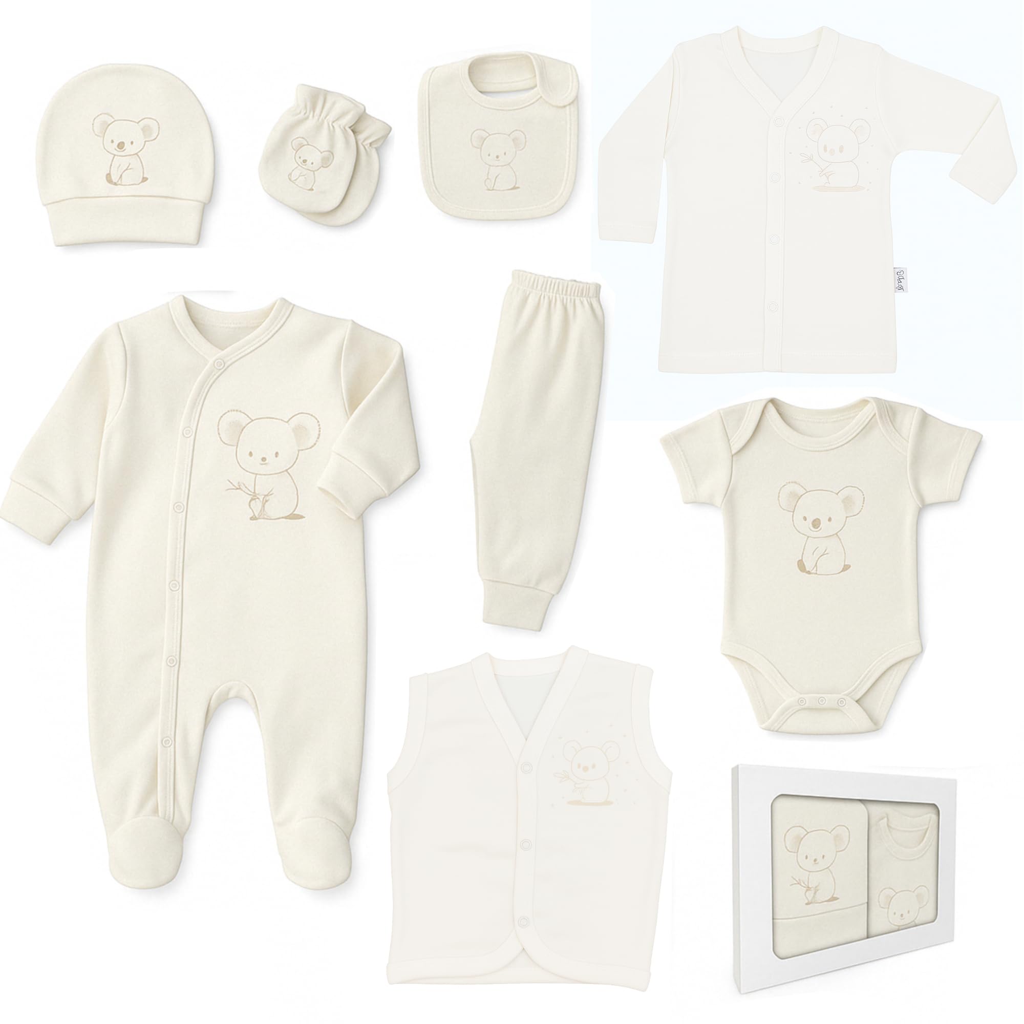 Blue Eyes Baby Geschenkset 8-teilig aus 100% natürliche Baumwolle – Neugeborenen Erstausstattung für Jungen und Mädchen Unisex Kleidung 0–4 Monate (Koala)