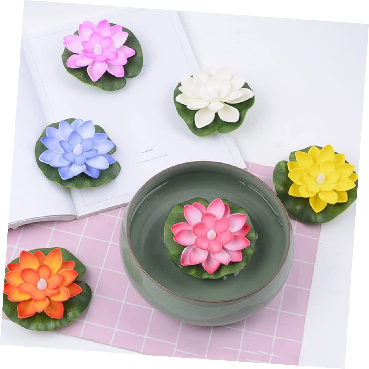 7 Sätze Lotus Schwimmende Wasserlampe Solar Wasserbrunnen Teichbelüfter Pool Skimmer Netz Brunnen Teiche Solar Teichbrunnen Wasserbrunnen Outdoor Solar Aquarium 6 Stück * 7