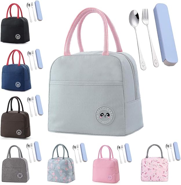 Insulated Lunch Bag Thermal Bag Cool Bag for Adults/Men/Women/Kids Portable Lunch Box Bag Holder Cooler Bag with Fork and Spoon for Foods & Drinks Picnic/Beach/School/Office Work