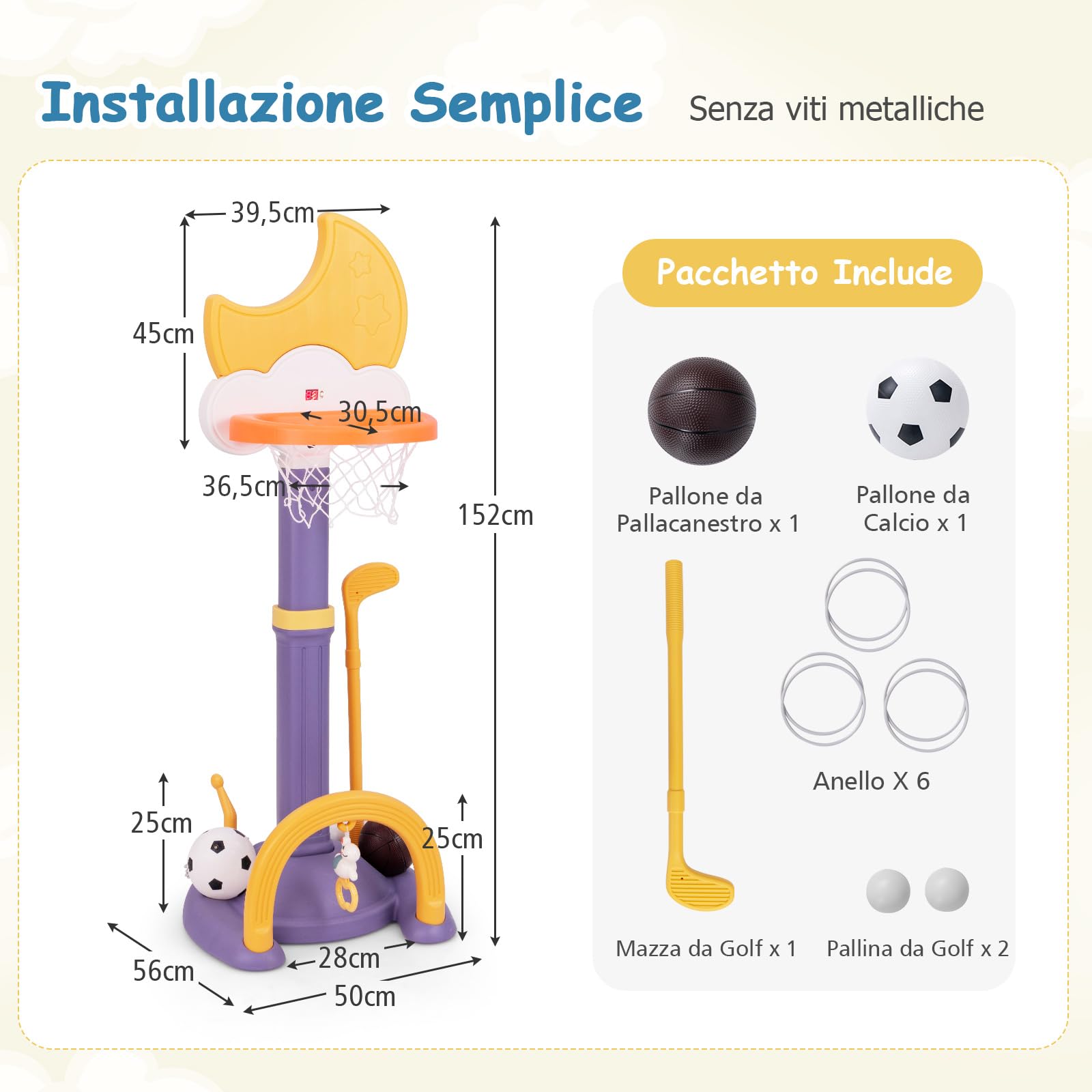 COSTWAY 4 in 1 Canestro da Basket per Bambini, Centro di Attività Sportiva Regolabile con Basket Calcio Golf e Gioco del Lancio dell'Anello, per Interno ed Esterno, 3 Anni+ (Giallo)