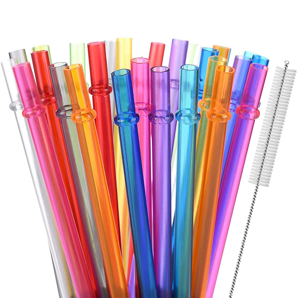 Funito 27cm Long Rainbow Colored Reusable Tritan Plastic Replacement Straws for 20 OZ 30 OZ Tumblers, Set of 25 with Cleaning Brush