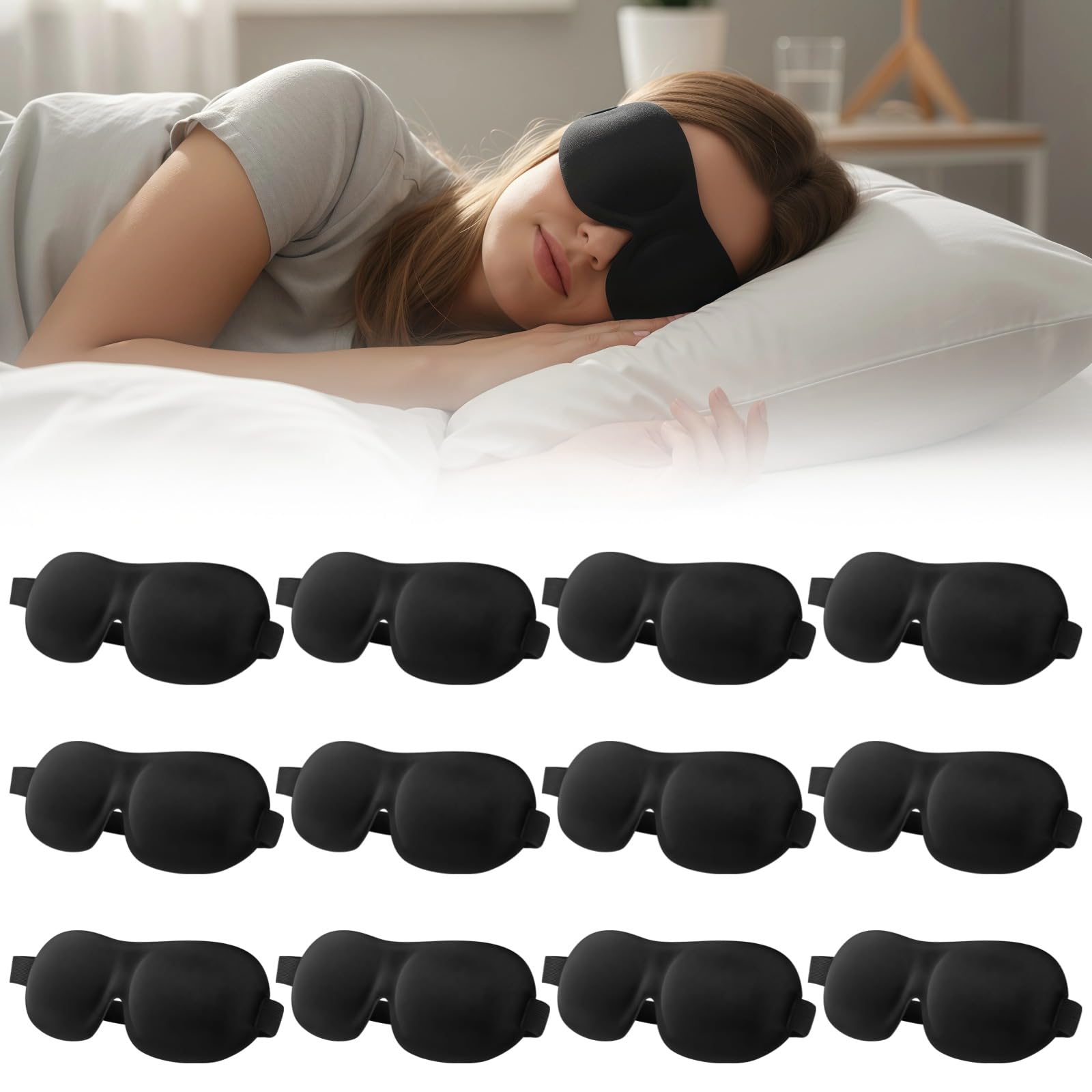 12 Stk. 3D Schlafmasken, 3D Augenmaske, leichte Schlafmaske aus Strickstoff mit druckfreiem Augenraum, verstellbarem Elastikband, Augenabdeckung für Männer Frauen Reisen Seitenschläfer
