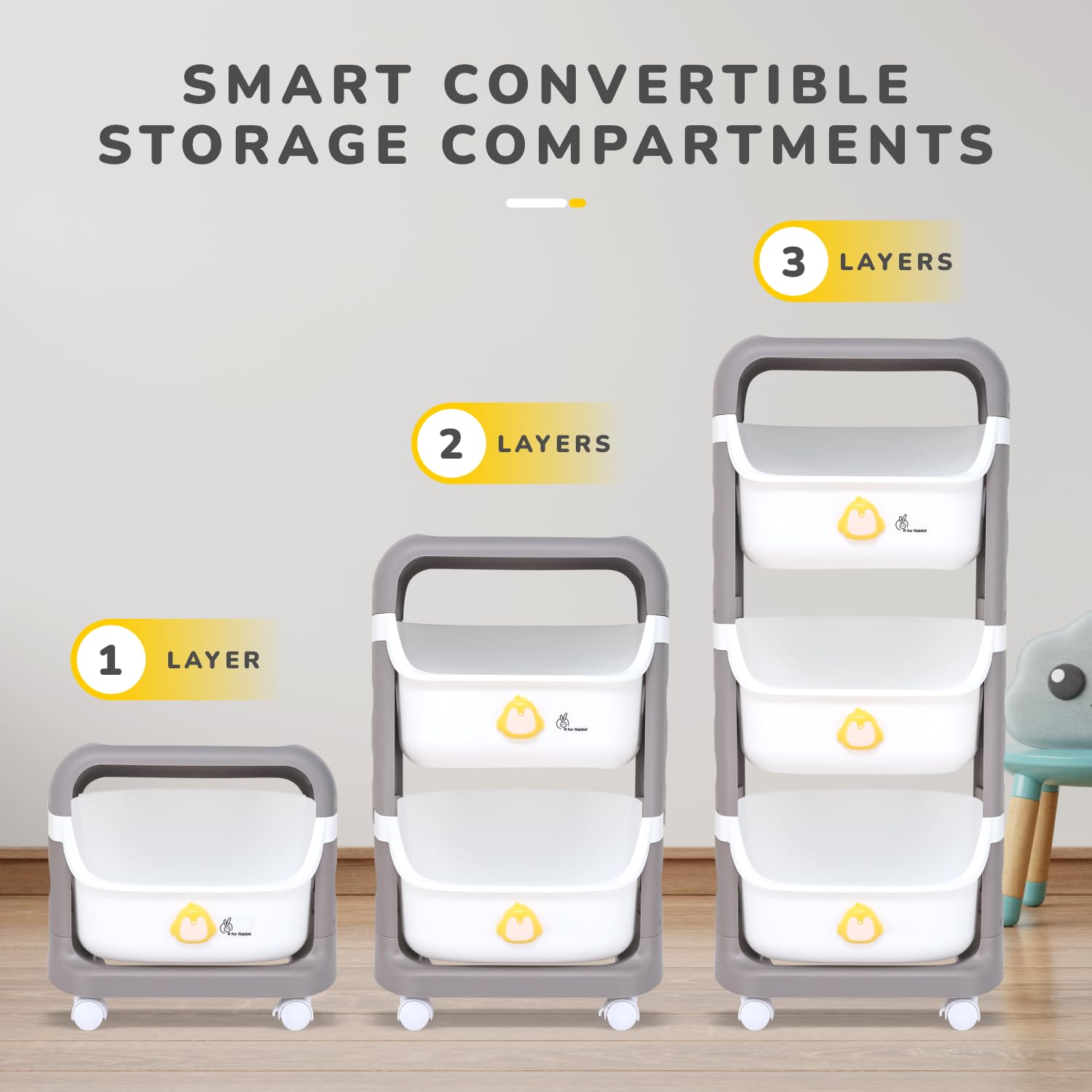 R for Rabbit Kiddo Korner Frosty Organizer for Kids Toys/Books & Baby Clothes Wardrobe | Detachable 3 Level Storage Organiser | Easy Plug N Play Installation & Lockable Wheels (Grey White) 1