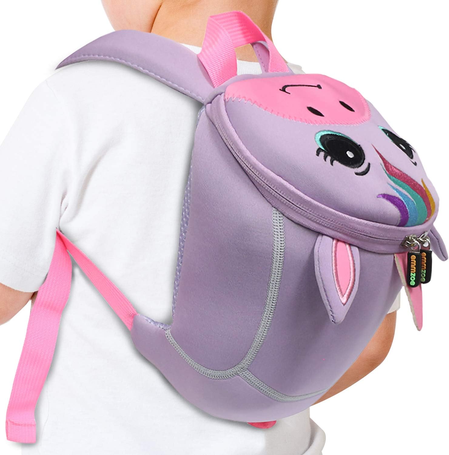 Emmzoe Toddler 3D Animal Backpack with Detachable Safety Harness Leash - Lightweight, Water Resistant, Adjustable - Fits Snacks, Food, Toys (Purple Unicorn)